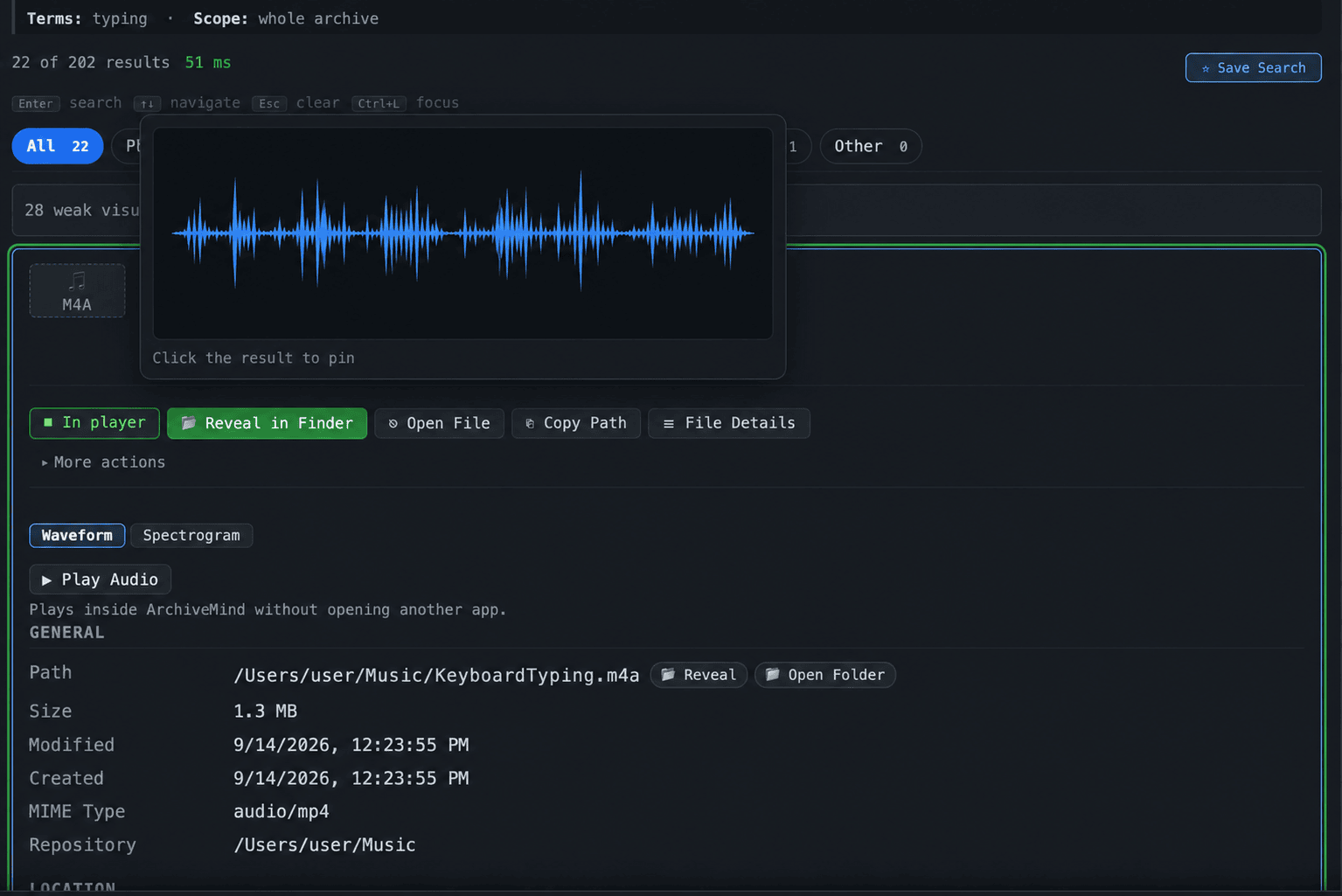 An audio file's waveform with clear peaks and valleys, a spectrogram toggle, and a Play Audio button