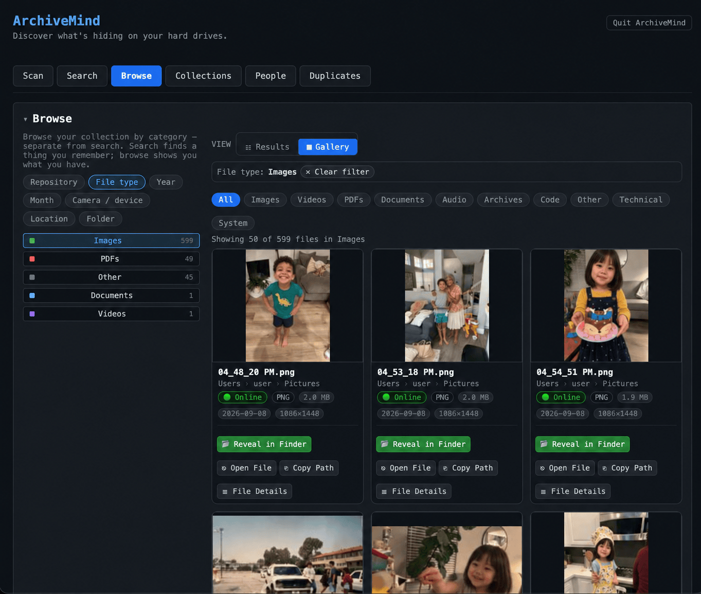 The browse view in gallery mode, grouped by file type with media filter chips and a grid of photo cards